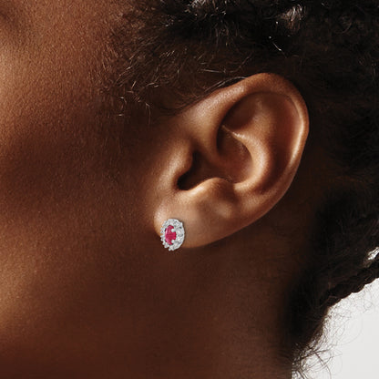 14k White Gold 1/5 Ct. Lab Grown Diamond VS/SI+ G+ and Oval Created Ruby Halo Post Earrings