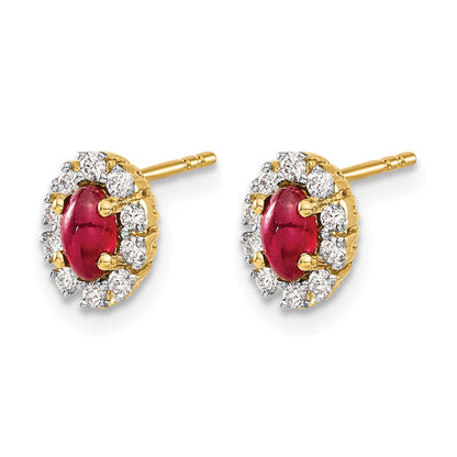 14k Yellow Gold 1/5 Ct. Lab Grown Diamond VS/SI+ G+ and Oval Created Ruby Complete Halo Post Earrings