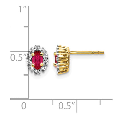 14k Yellow Gold 1/5 Ct. Lab Grown Diamond VS/SI+ G+ and Oval Created Ruby Complete Halo Post Earrings