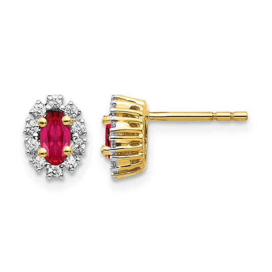 14k Yellow Gold 1/5 Ct. Lab Grown Diamond VS/SI+ G+ and Oval Created Ruby Complete Halo Post Earrings