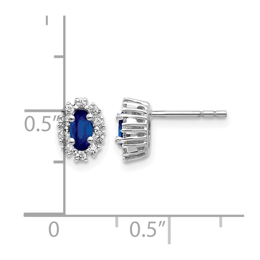 14k White Gold 1/5 Ct. Lab Grown Diamond VS/SI+ G+ and Oval Created Sapphire Halo Post Earrings