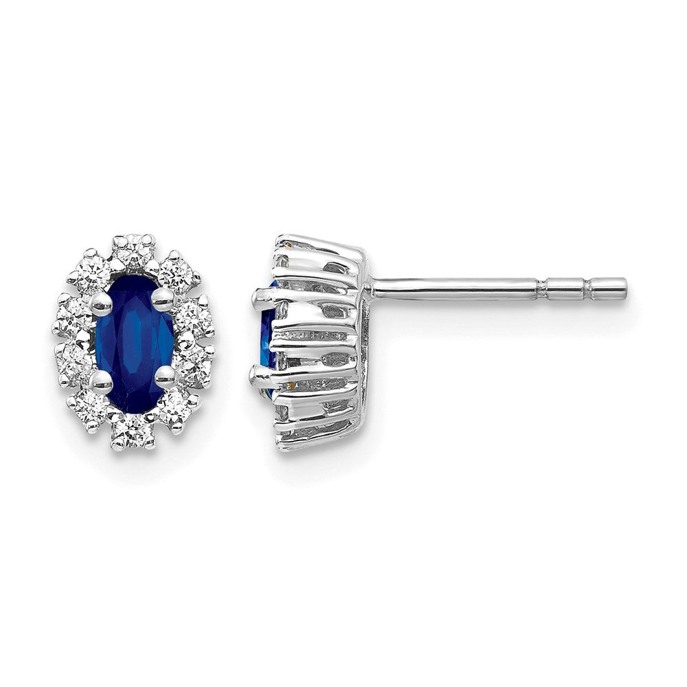 14k White Gold 1/5 Ct. Lab Grown Diamond VS/SI+ G+ and Oval Created Sapphire Halo Post Earrings