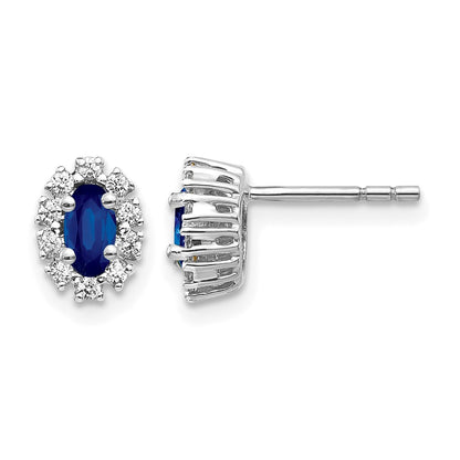 14k White Gold 1/5 Ct. Lab Grown Diamond VS/SI+ G+ and Oval Created Sapphire Halo Post Earrings