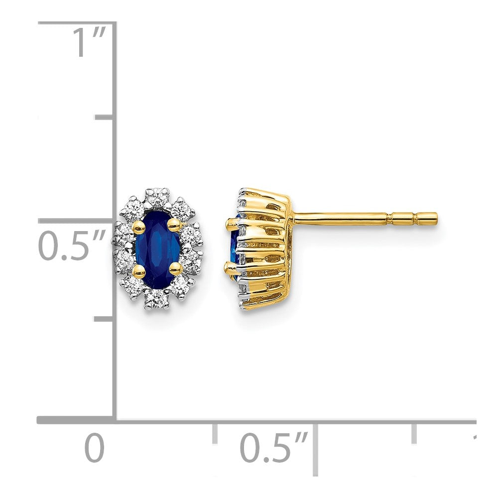14k Yellow Gold 1/5 Ct. Lab Grown Diamond VS/SI+ G+ and Oval Created Sapphire Halo Post Earrings