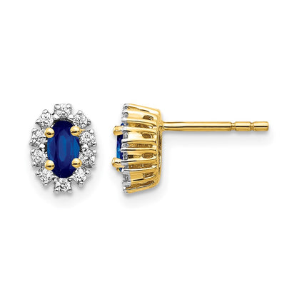 14k Yellow Gold 1/5 Ct. Lab Grown Diamond VS/SI+ G+ and Oval Created Sapphire Halo Post Earrings