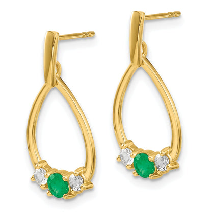 10K Yellow Gold Emerald And White Sapphire Post Dangle Earrings