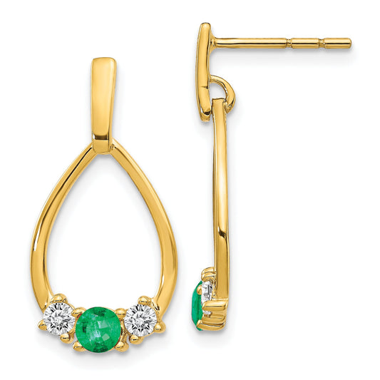 10K Yellow Gold Emerald And White Sapphire Post Dangle Earrings