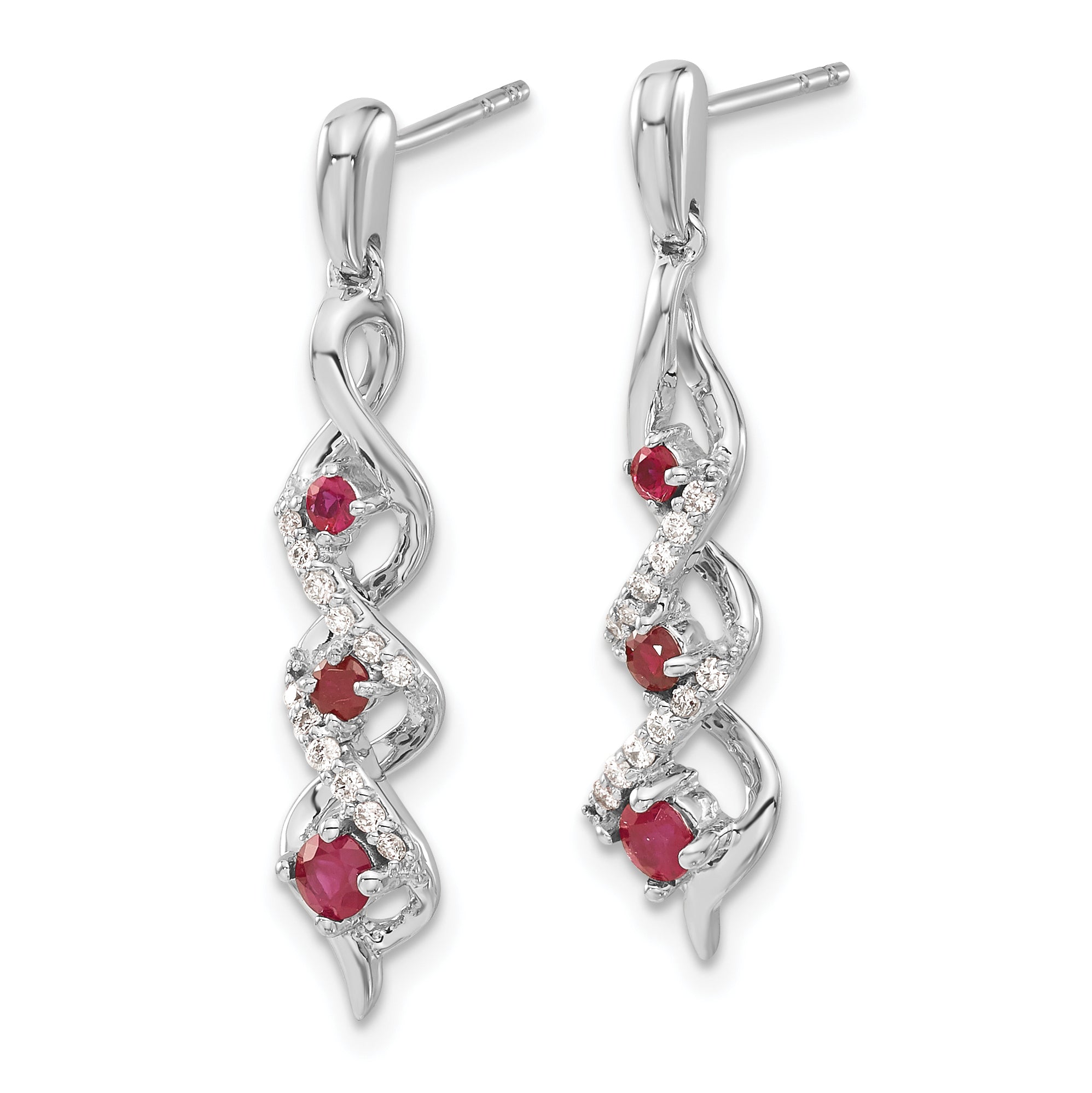 10K White Gold Diamond And Ruby 3 Stone Post Dangle Earrings