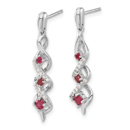 10K White Gold Diamond And Ruby 3 Stone Post Dangle Earrings