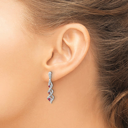 10K White Gold Diamond And Ruby 3 Stone Post Dangle Earrings