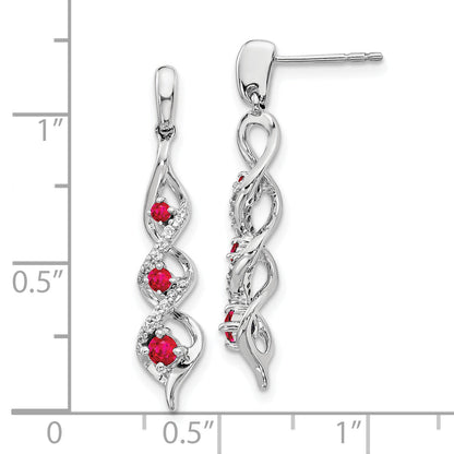 10K White Gold Diamond And Ruby 3 Stone Post Dangle Earrings