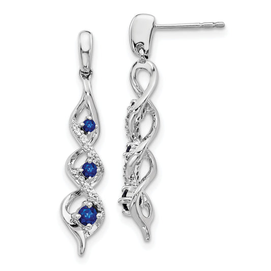 10K White Gold Diamond And Blue Sapphire 3 Stone Post Dangle Earrings