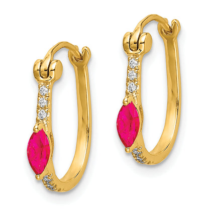 10K Yellow Gold 1/20Ct Diamond And Ruby Hinged Hoop Earrings