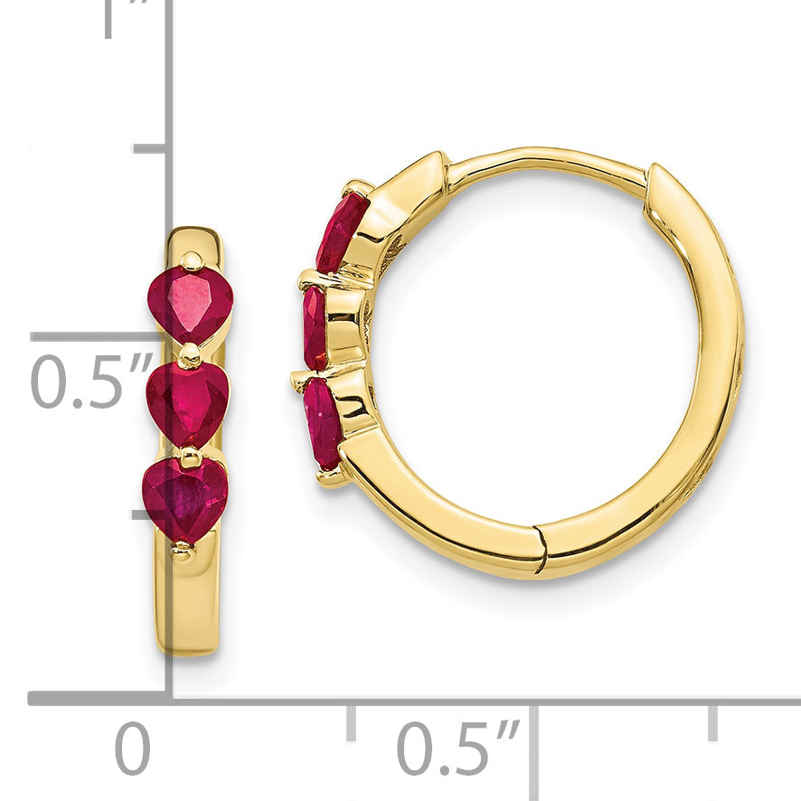 10K Yellow Gold 3 Stone Created Ruby Polished Hinged Hoop Earrings