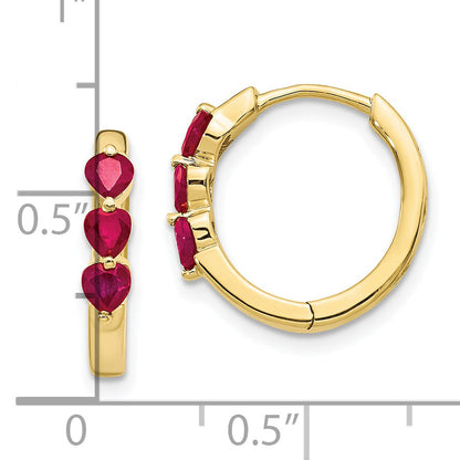 10K Yellow Gold 3 Stone Created Ruby Polished Hinged Hoop Earrings