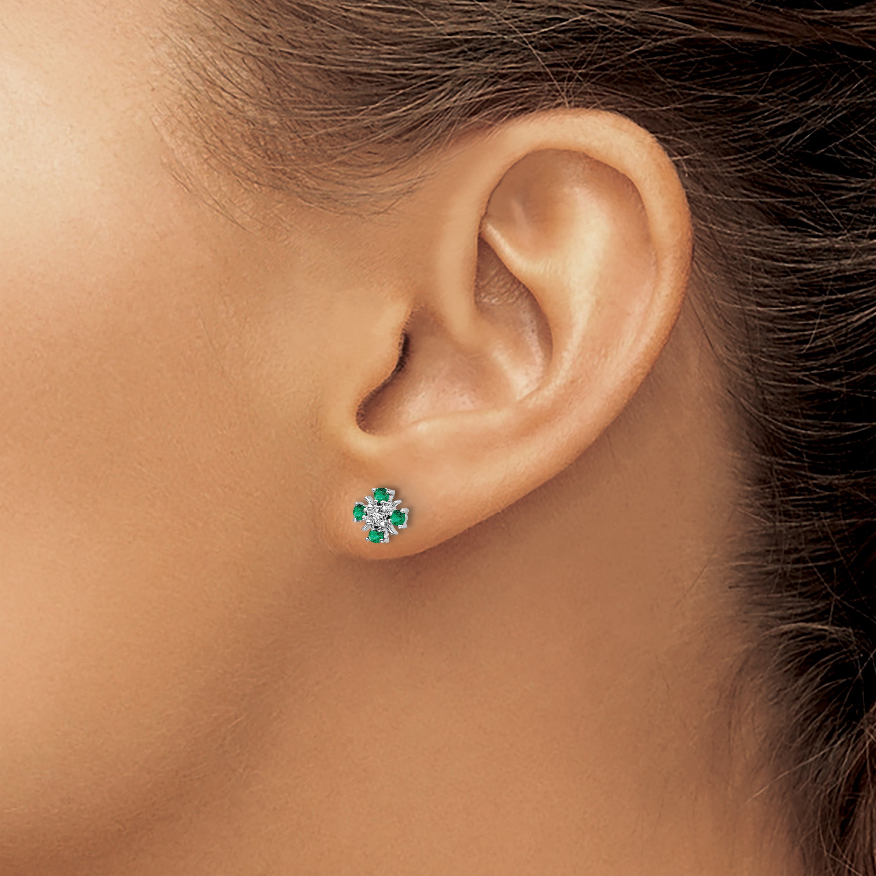 14k White Gold .01 Ct. Lab Grown Diamond VS/SI+ G+ and Created Emerald Fashion Post Earrings