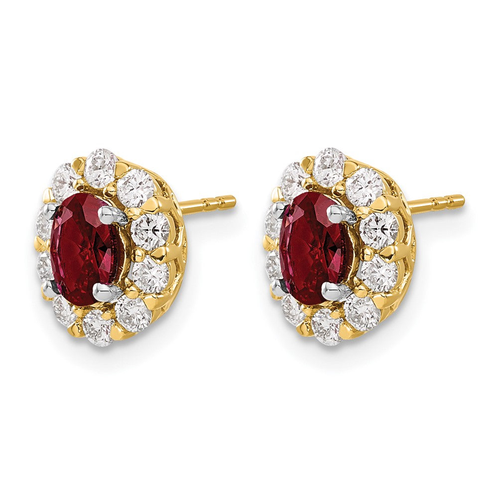 14k Yellow Gold 3/4 Ct. Lab Grown Diamond VS/SI+ G+ and Oval Created Ruby Halo Post Earrings