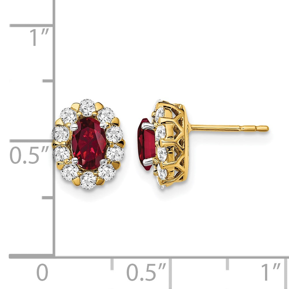 14k Yellow Gold 3/4 Ct. Lab Grown Diamond VS/SI+ G+ and Oval Created Ruby Halo Post Earrings