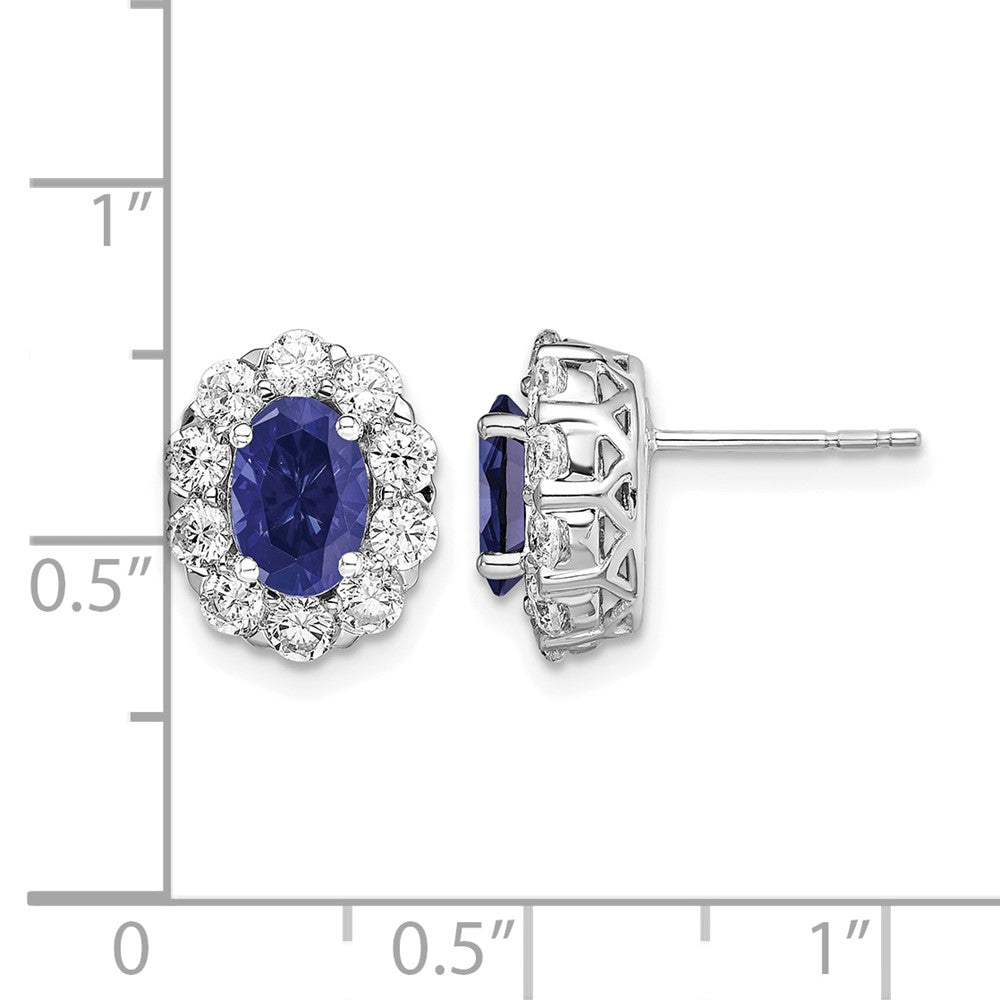 14k White Gold 1 1/5 Ct. Lab Grown Diamond VS/SI+ G+ and Oval Created Sapphire Halo Post Earrings