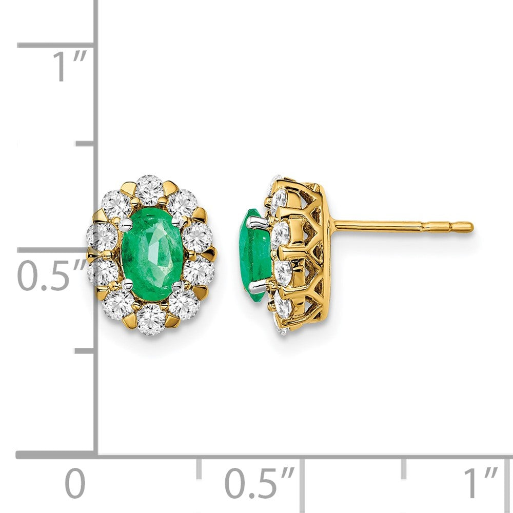 14k Yellow Gold 5/8 Ct. Lab Grown Diamond VS/SI+ G+ and Oval Created Emerald Halo Post Earrings