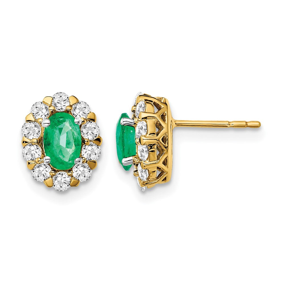 14k Yellow Gold 5/8 Ct. Lab Grown Diamond VS/SI+ G+ and Oval Created Emerald Halo Post Earrings