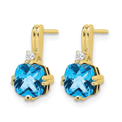 10K Yellow Gold Cushion Blue Topaz And Diamond Earrings