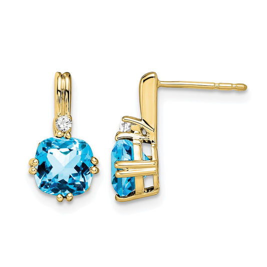 10K Yellow Gold Cushion Blue Topaz And Diamond Earrings