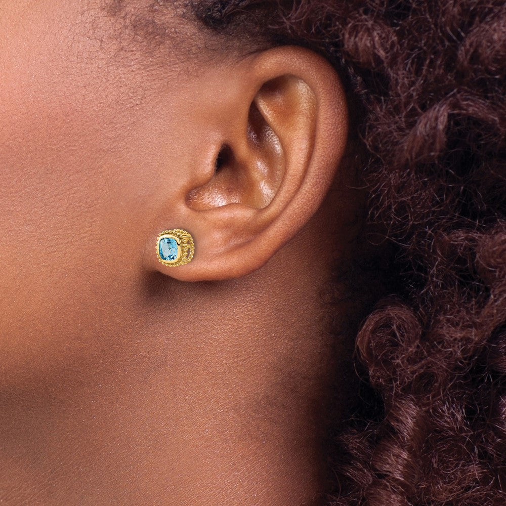 10K Yellow Gold Cushion Blue Topaz Earrings