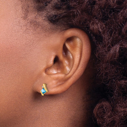 10K Yellow Gold Cushion Blue Topaz And Diamond Earrings