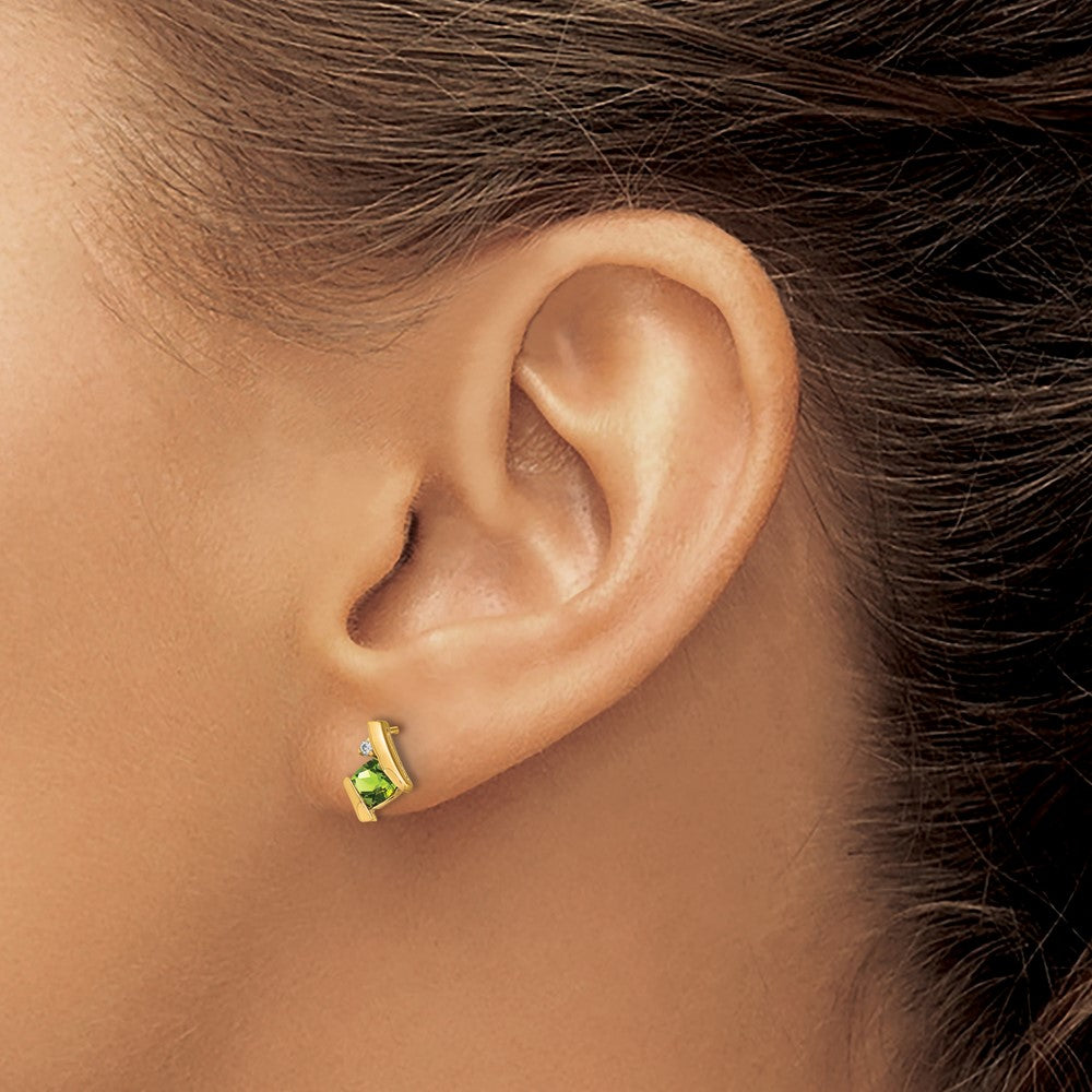 10K Yellow Gold Cushion Peridot And Diamond Earrings