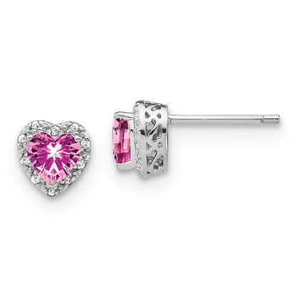 Pure Serenity 14k White Gold 1/10 Ct. Lab Grown Diamond VS/SI+ G+ and Heart Lab Created Pink Sapphire Post Earrings