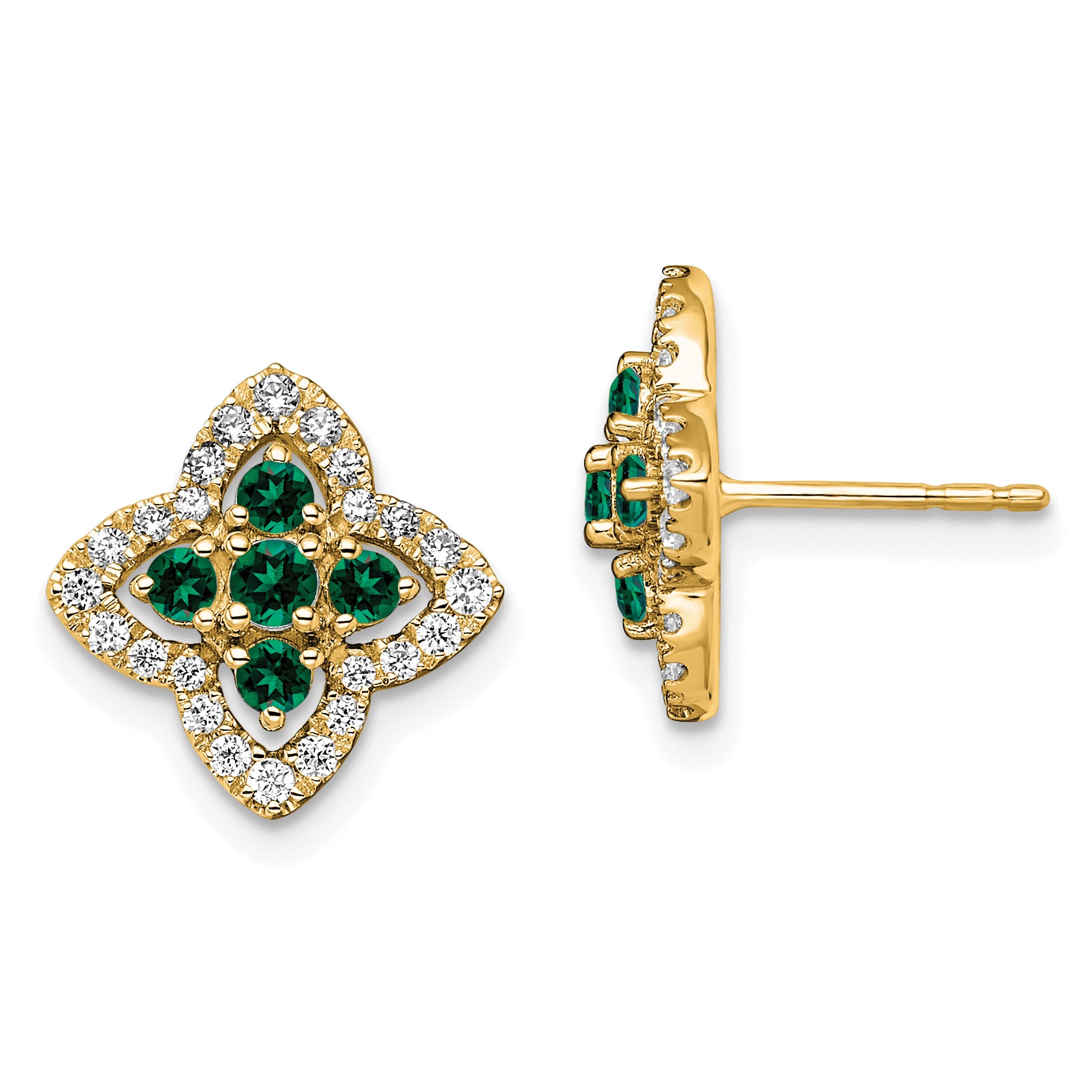 14k Yellow Gold Lab Grown VS/SI FGH Diamond and Created Emerald Earrings