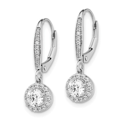 14k White Gold 1 Ct. Lab Grown Diamond VS/SI+ G+ Complete Round Halo Drop Leverback Earrings