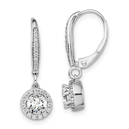 14k White Gold 1 Ct. Lab Grown Diamond VS/SI+ G+ Complete Round Halo Drop Leverback Earrings