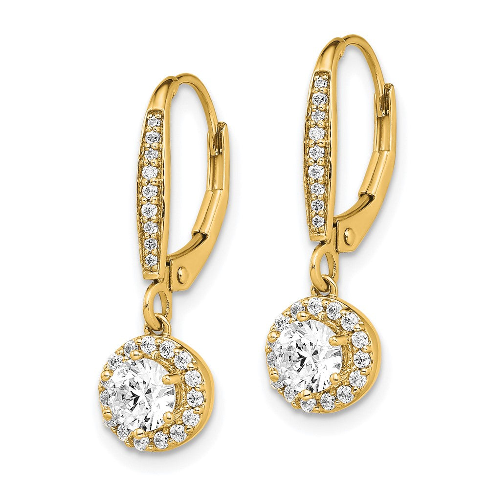 14k Yellow Gold 1 Ct. Lab Grown Diamond VS/SI+ G+ Complete Round Halo Drop Leverback Earrings