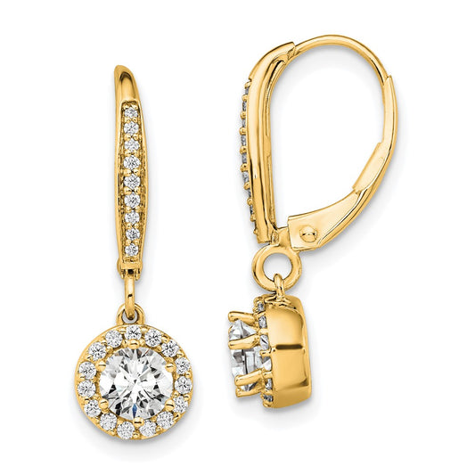 14k Yellow Gold 1 Ct. Lab Grown Diamond VS/SI+ G+ Complete Round Halo Drop Leverback Earrings