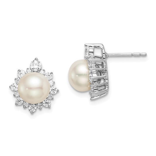 14k White Gold 5/8 Ct. Lab Grown Diamond VS/SI+ G+ and 7.00 mm Round Freshwater Cultured Pearl Complete Fashion Post Earrings