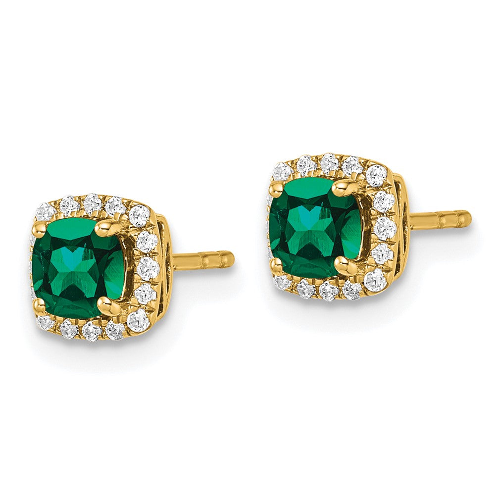 14k Yellow Gold 1/10 Ct. Lab Grown Diamond VS/SI+ G+ and Created Emerald Complete Square Halo Post Earrings