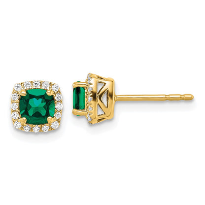 14k Yellow Gold 1/10 Ct. Lab Grown Diamond VS/SI+ G+ and Created Emerald Complete Square Halo Post Earrings