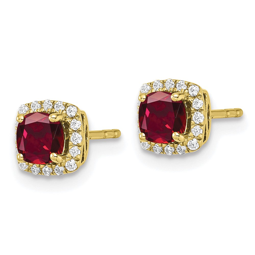 10k Yellow Gold 1/10 Ct. Lab Grown Diamond VS/SI+ G+ and Created Ruby Complete Square Halo Post Earrings