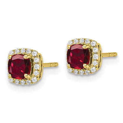 10k Yellow Gold 1/10 Ct. Lab Grown Diamond VS/SI+ G+ and Created Ruby Complete Square Halo Post Earrings