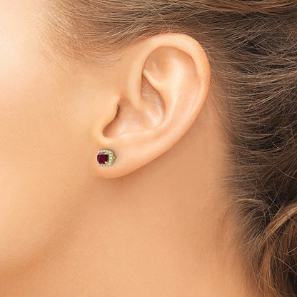 10k Yellow Gold 1/10 Ct. Lab Grown Diamond VS/SI+ G+ and Created Ruby Complete Square Halo Post Earrings