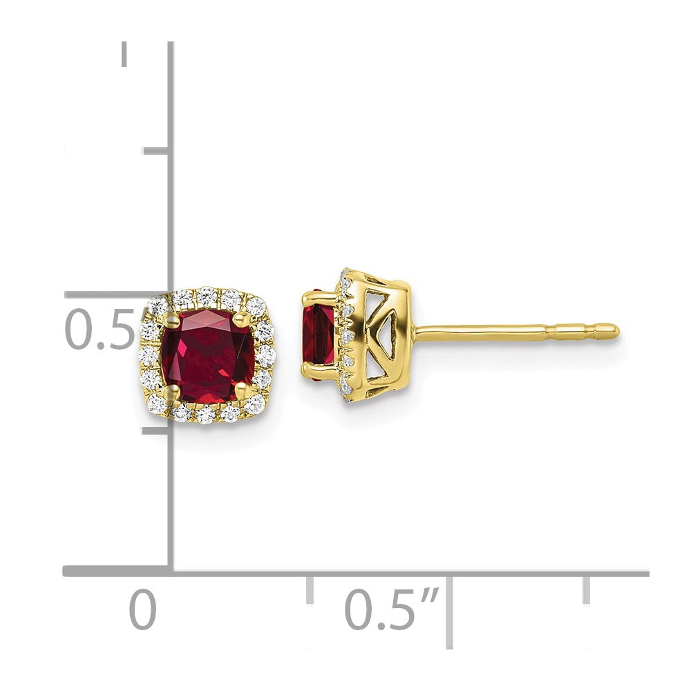 10k Yellow Gold 1/10 Ct. Lab Grown Diamond VS/SI+ G+ and Created Ruby Complete Square Halo Post Earrings