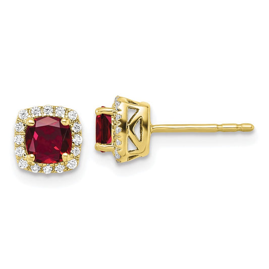10k Yellow Gold 1/10 Ct. Lab Grown Diamond VS/SI+ G+ and Created Ruby Complete Square Halo Post Earrings