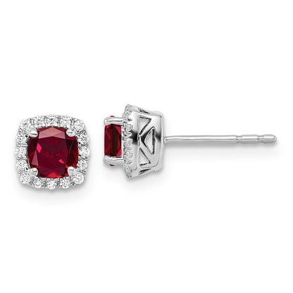 14k Yellow Gold 1/10 Ct. Lab Grown Diamond VS/SI+ G+ and Created Ruby Square Halo Post Earrings