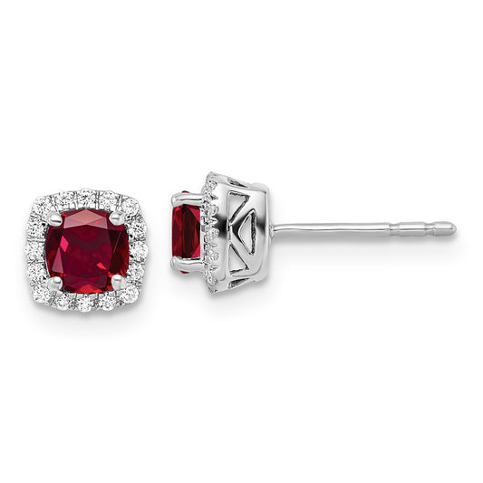14k Yellow Gold 1/10 Ct. Lab Grown Diamond VS/SI+ G+ and Created Ruby Square Halo Post Earrings