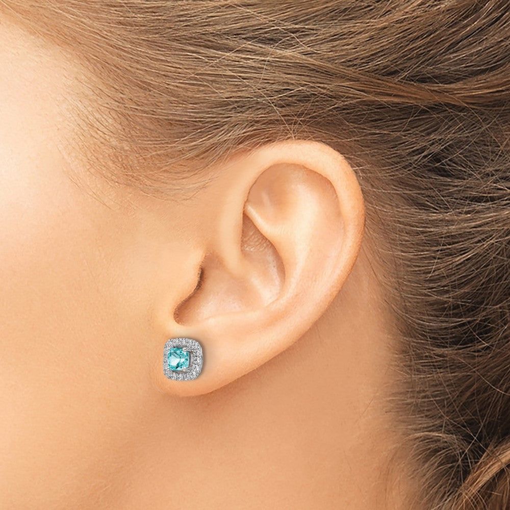Pure Serenity 14k White Gold 3/8 Ct. Lab Grown Diamond VS/SI+ G+ and Lab Created Paraiba Halo Post Earrings