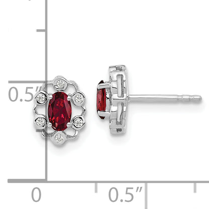 14k White Gold 1/20 Ct. Lab Grown Diamond VS/SI+ G+ and Oval Created Ruby Halo Post Earrings