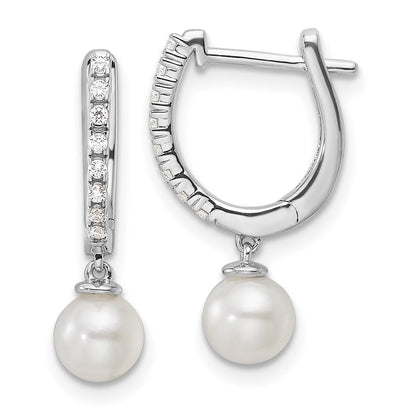 14k White Gold 1/10 Ct. Lab Grown Diamond VS/SI+ G+ and 5.50 mm Round Freshwater Cultured Pearl Hinged Hoop Earrings