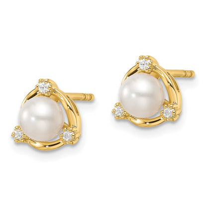 14k Yellow Gold 1/10 Ct. Lab Grown Diamond VS/SI+ G+ and 5.50 mm Round Freshwater Cultured Pearl Post Earrings